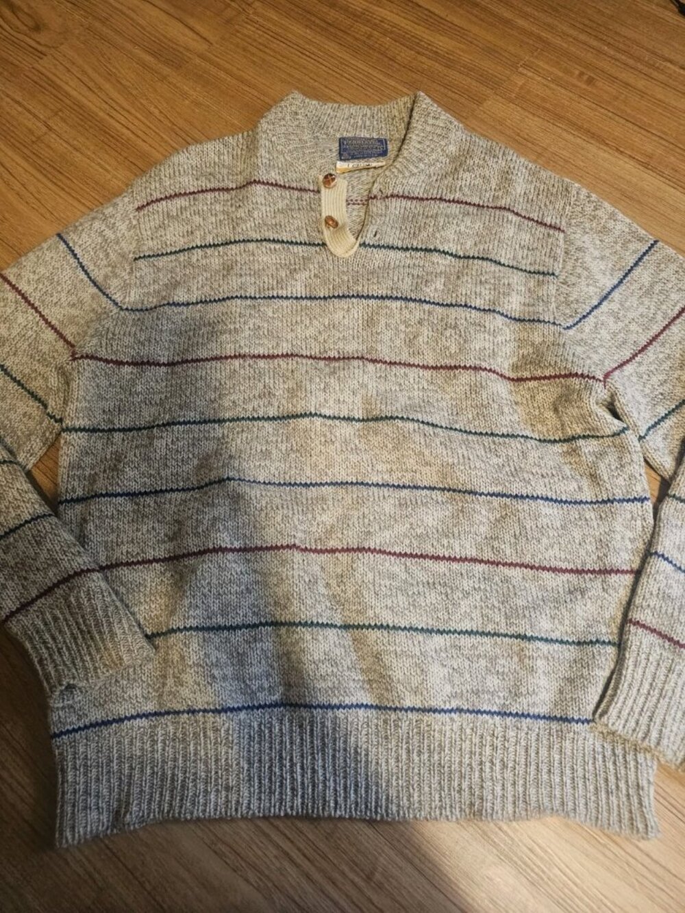 Vintage Pendleton Henley Neck Wool Lobo Sweater Striped Tan Mens Size Large